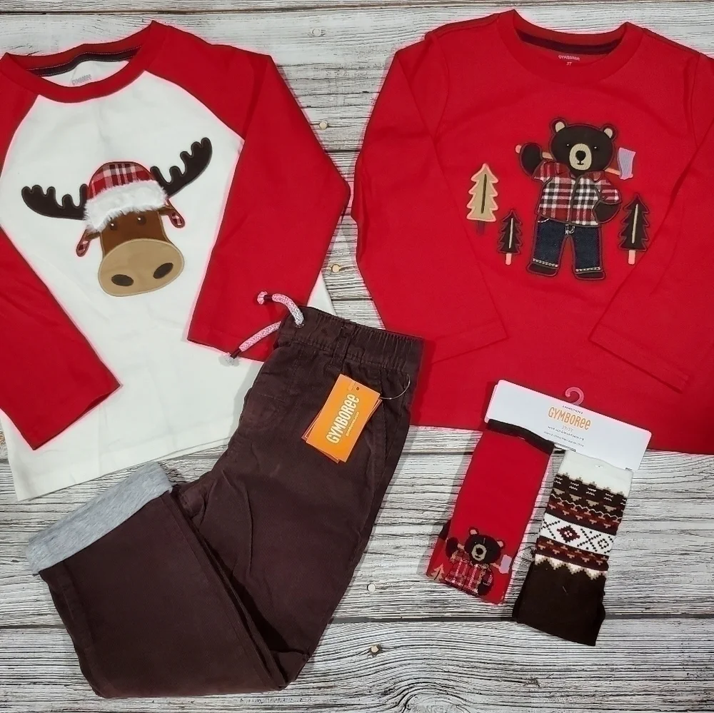 Christmas Holiday Outfit Reindeer Bear Tops Corduroy Pants Socks NWT